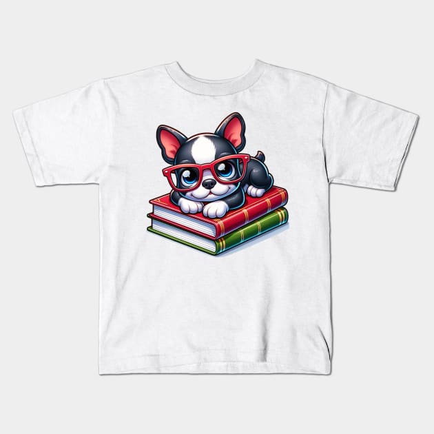 Boston Terrier Book Nerd Kids T-Shirt by The Jumping Cart